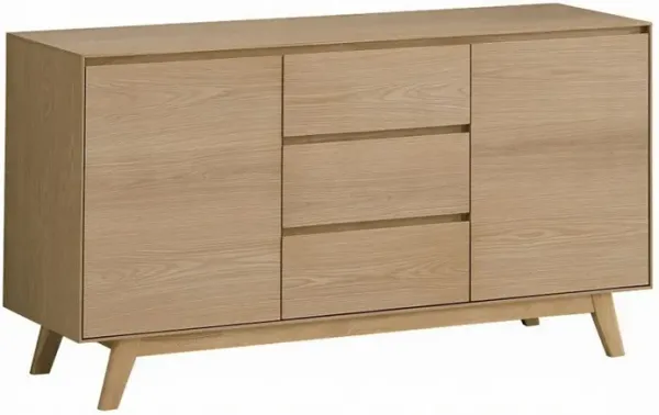 Semi Sideboard Buffet Console, 3 Drawers, 2 Cabinets, Oak Brown Wood - Benzara