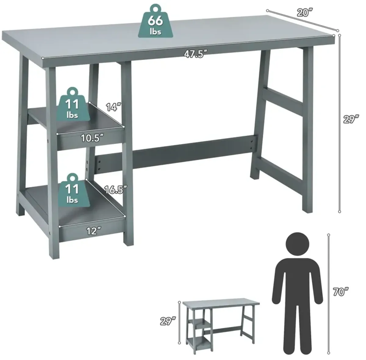 Wooden Trestle Computer Desk with 2-Tier Removable Shelves-Gray