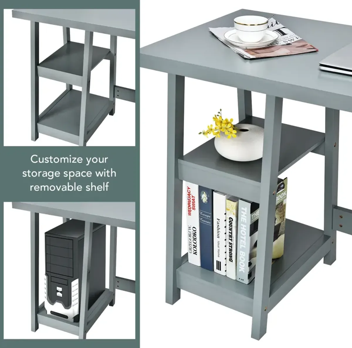 Wooden Trestle Computer Desk with 2-Tier Removable Shelves-Gray