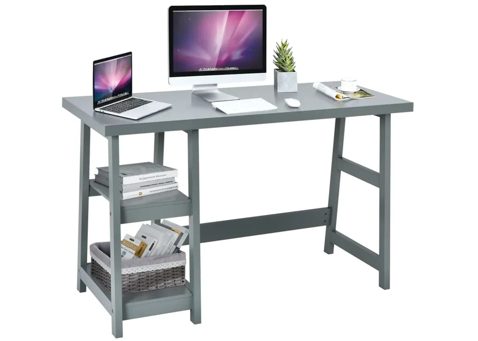 Wooden Trestle Computer Desk with 2-Tier Removable Shelves-Gray