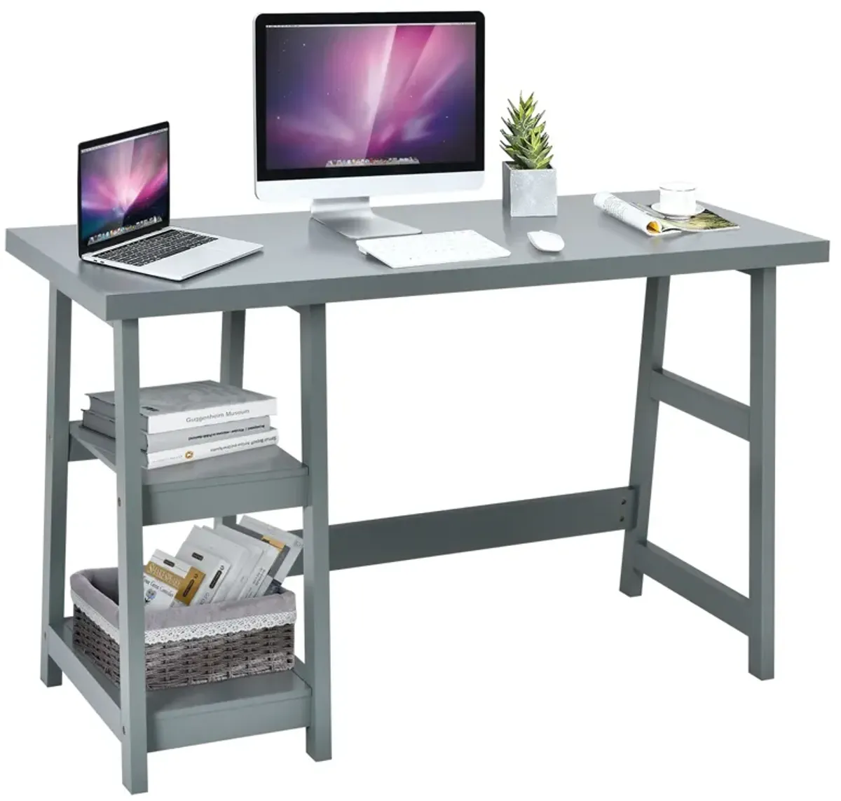 Wooden Trestle Computer Desk with 2-Tier Removable Shelves-Gray