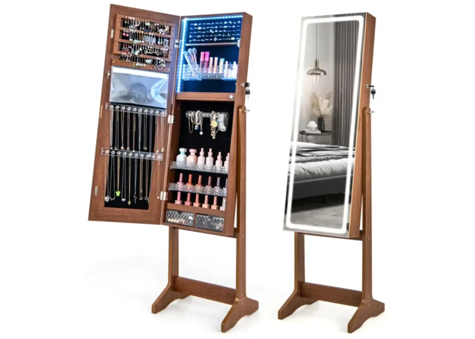 Hivvago Lockable Jewelry Armoire Standing Cabinet with Lighted Full-Length Mirror