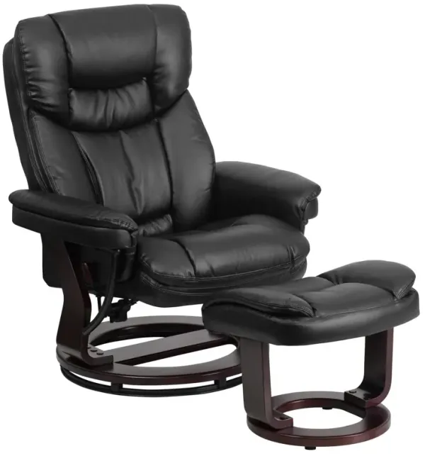 Flash Furniture Allie Contemporary Multi-Position Recliner and Curved Ottoman with Swivel Mahogany Wood Base in Black LeatherSoft