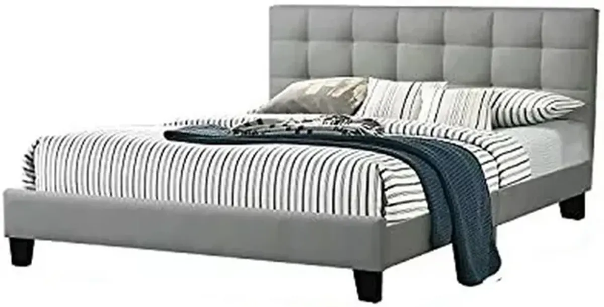 Dex Modern Platform California King Bed, Tufted Upholstery, Light Gray - Benzara