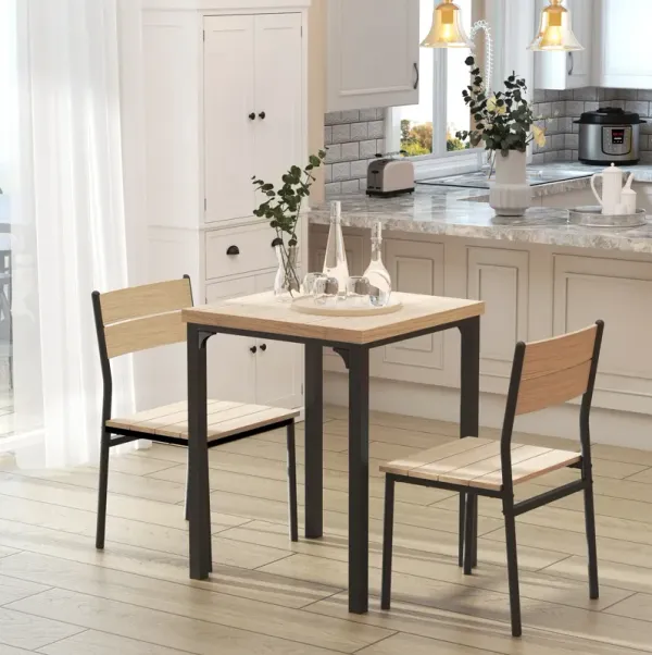 Compact Wood/Steel Dining: 3-Piece Set with Wood Grain Table & 2 Black Chairs