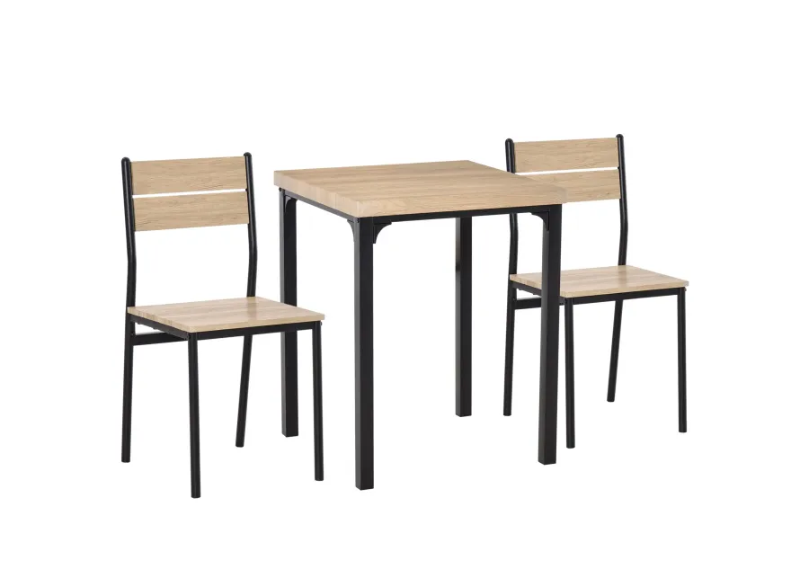 Compact Wood/Steel Dining: 3-Piece Set with Wood Grain Table & 2 Black Chairs