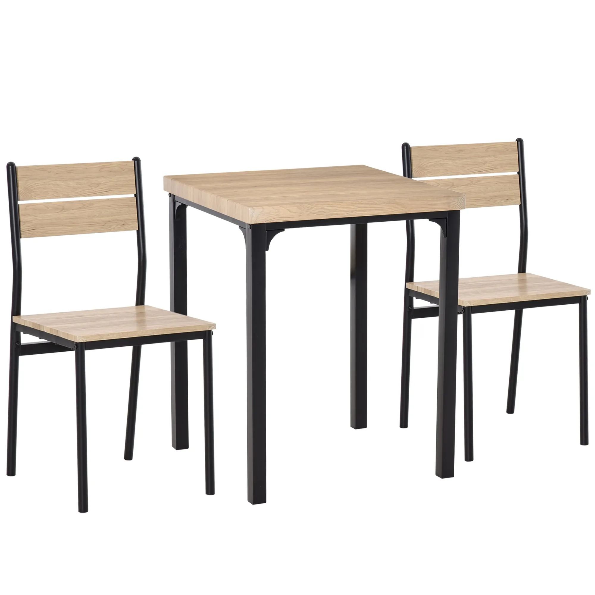 Compact Wood/Steel Dining: 3-Piece Set with Wood Grain Table & 2 Black Chairs