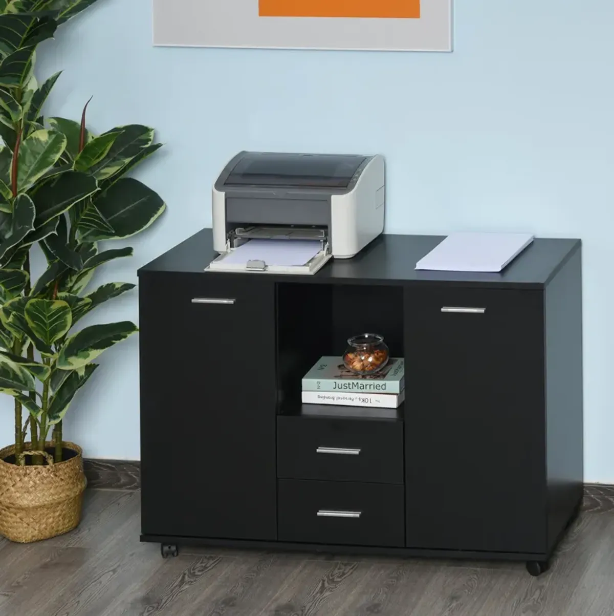 Black Office Storage: Multifunction Cabinet with Drawers and Shelves