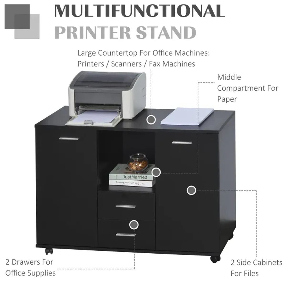 Black Office Storage: Multifunction Cabinet with Drawers and Shelves