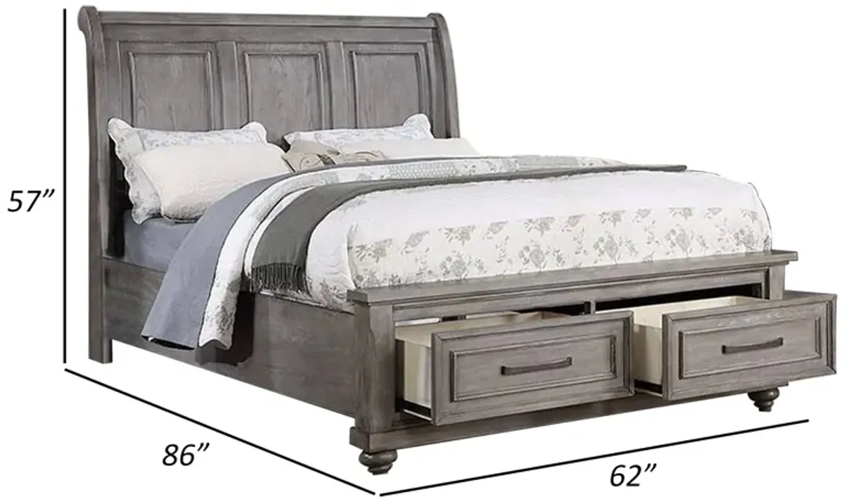 Demi Queen Size Bed, Sleigh Headboard, 2 Storage Drawers, Oak Gray Wood - Benzara