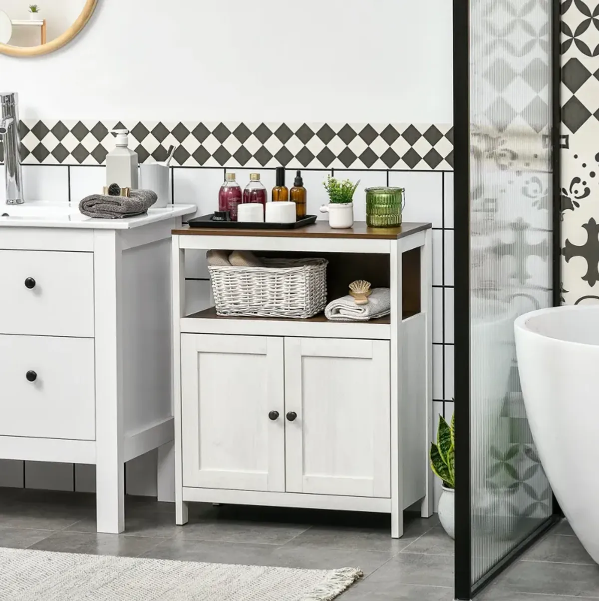White/Walnut Bathroom Storage: Freestanding Cabinet with Open Shelf