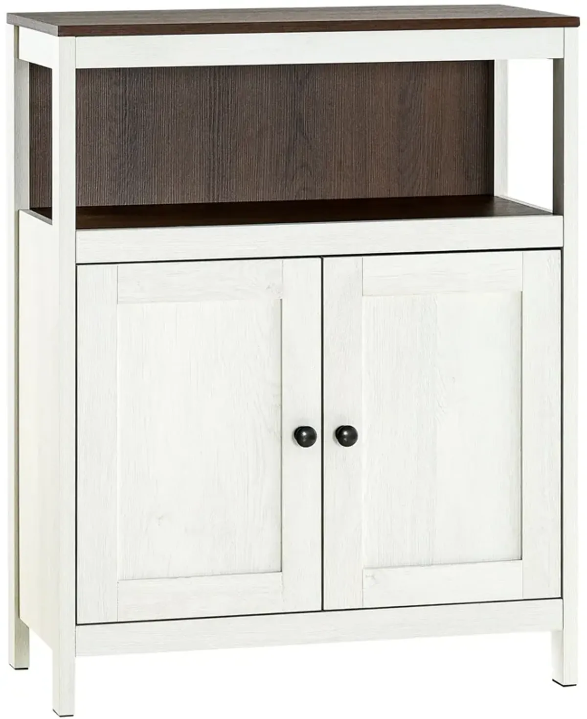 White/Walnut Bathroom Storage: Freestanding Cabinet with Open Shelf