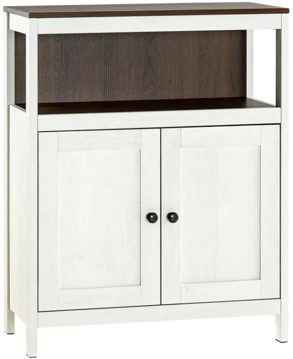 White/Walnut Bathroom Storage: Freestanding Cabinet with Open Shelf