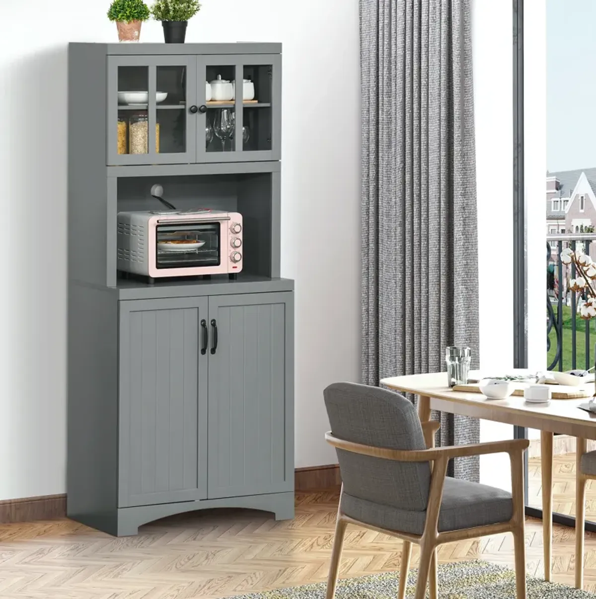 Freestanding Kitchen Storage Cupboard with Framed Glass Doors & Open Countertop