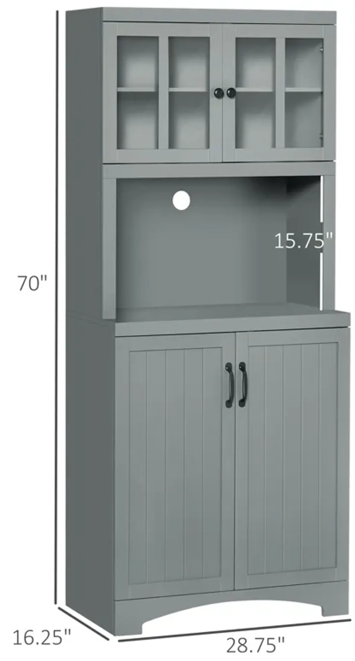 Freestanding Kitchen Storage Cupboard with Framed Glass Doors & Open Countertop