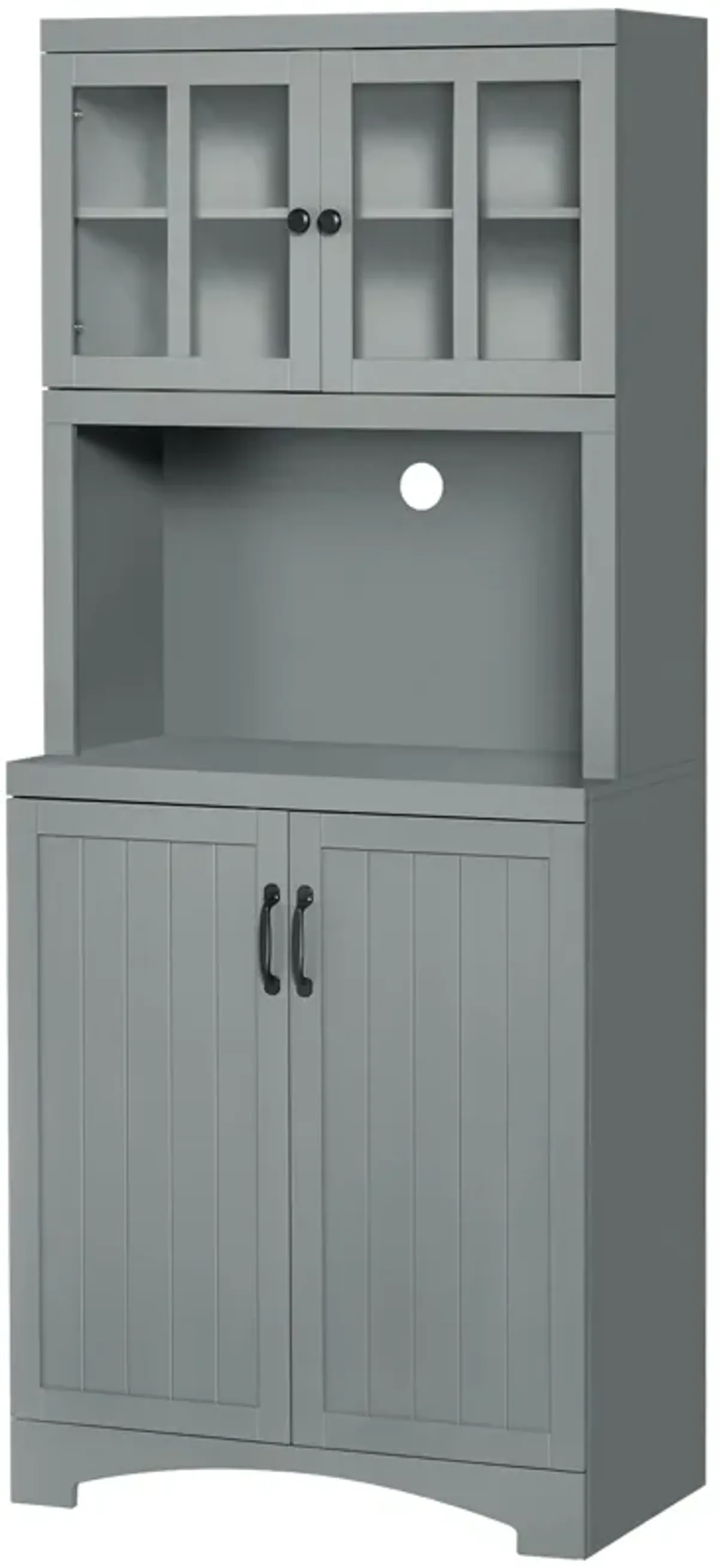 Freestanding Kitchen Storage Cupboard with Framed Glass Doors & Open Countertop