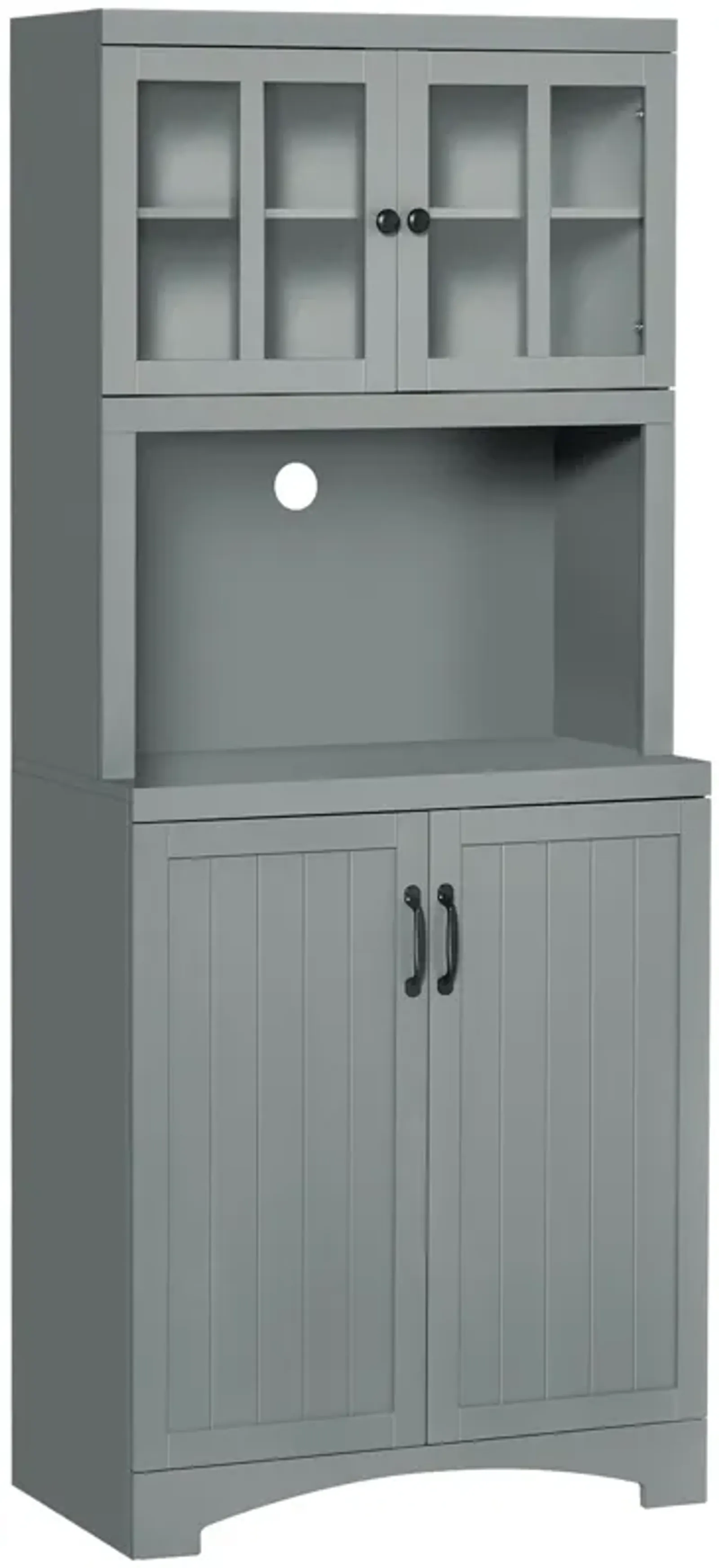 Freestanding Kitchen Storage Cupboard with Framed Glass Doors & Open Countertop