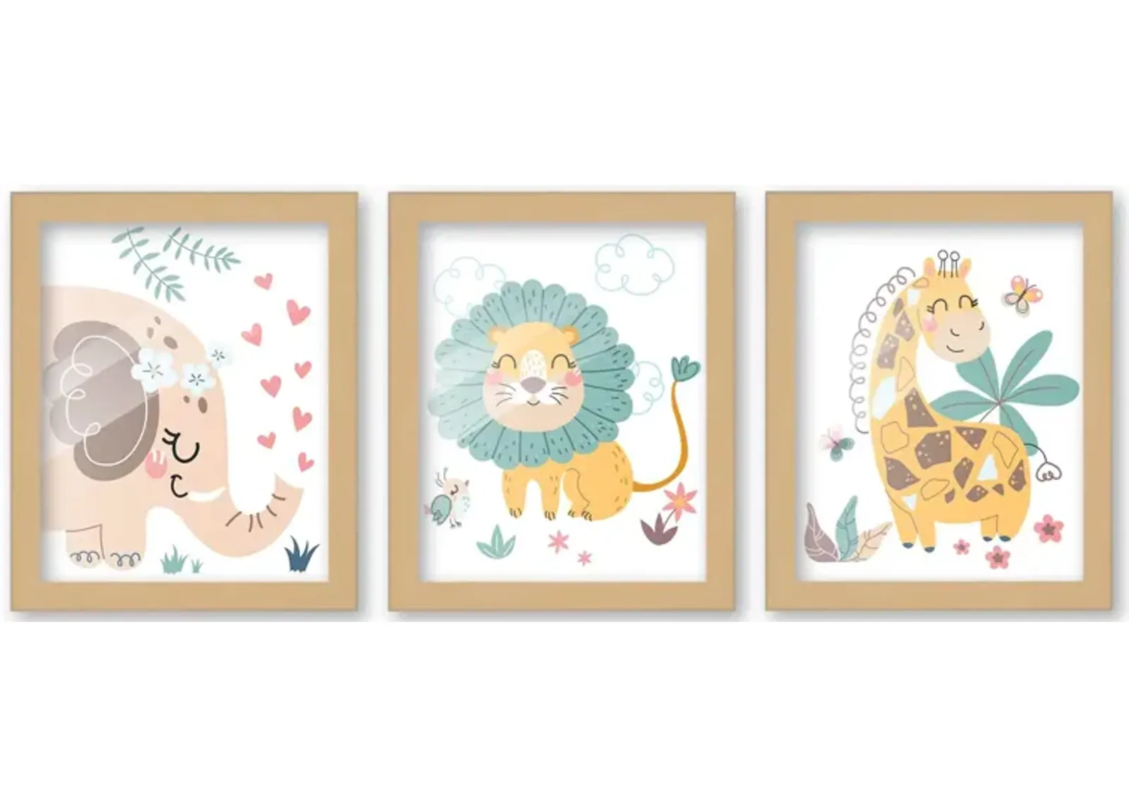 8x10 Framed Nursery Wall Art Set of 3 Hand Drawn Boho Safari Animal Prints in Natural Wood Frames