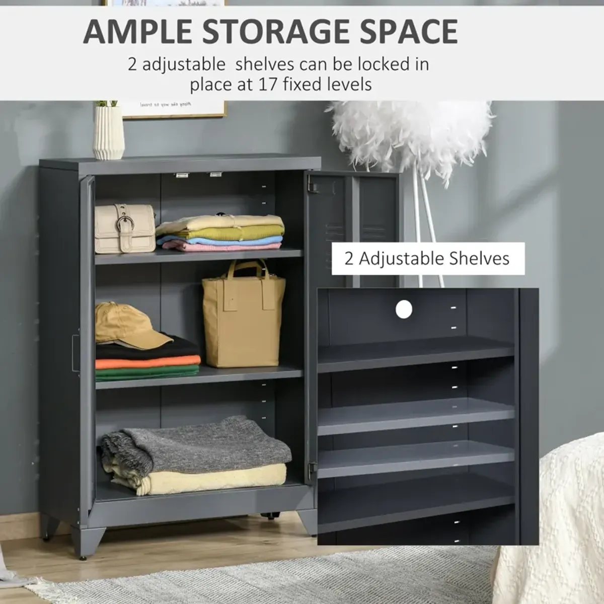 Gray Metal Organizer: Industrial 2-Tier Steel Cabinet for Home Office