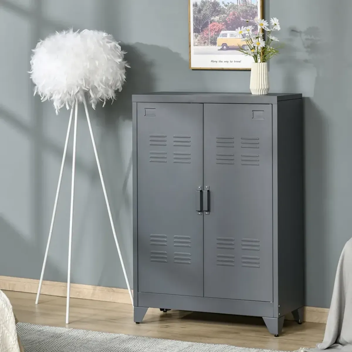 Gray Metal Organizer: Industrial 2-Tier Steel Cabinet for Home Office