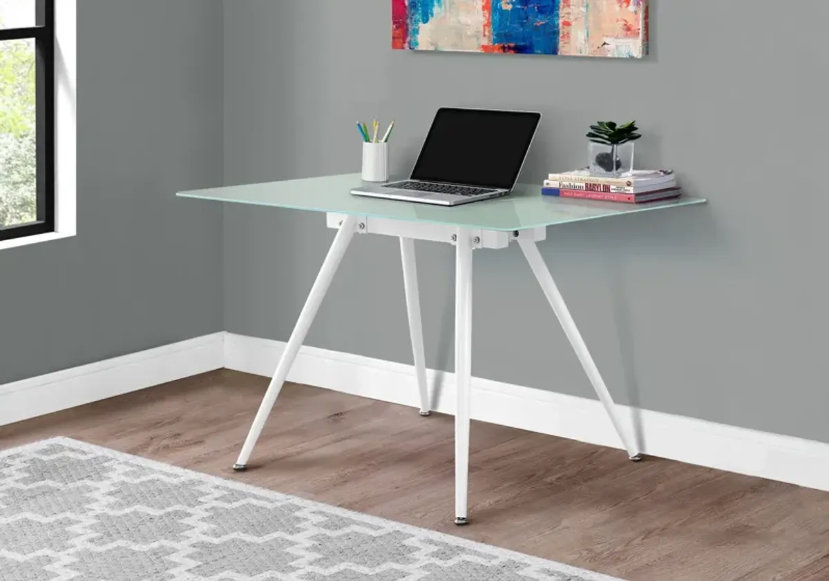 Computer Desk, Home Office, Laptop, 48"L, Work, Metal, Tempered Glass, White, Contemporary, Modern