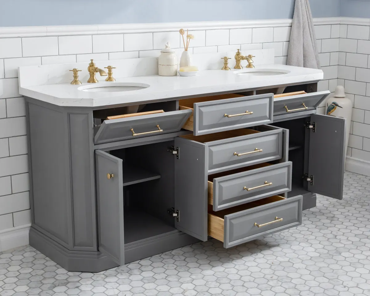 Palace 72 In. Double Sink Carrara Quartz Countertop Bath Vanity in Cashmere Grey with Satin Gold Hardware and Waterfall Faucets