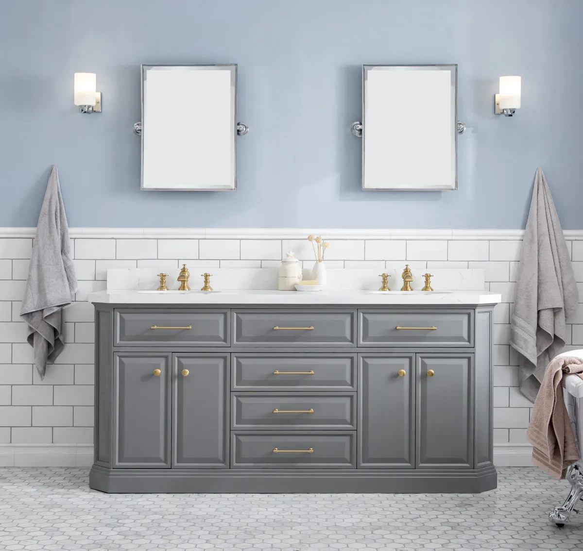 Palace 72 In. Double Sink Carrara Quartz Countertop Bath Vanity in Cashmere Grey with Satin Gold Hardware and Waterfall Faucets