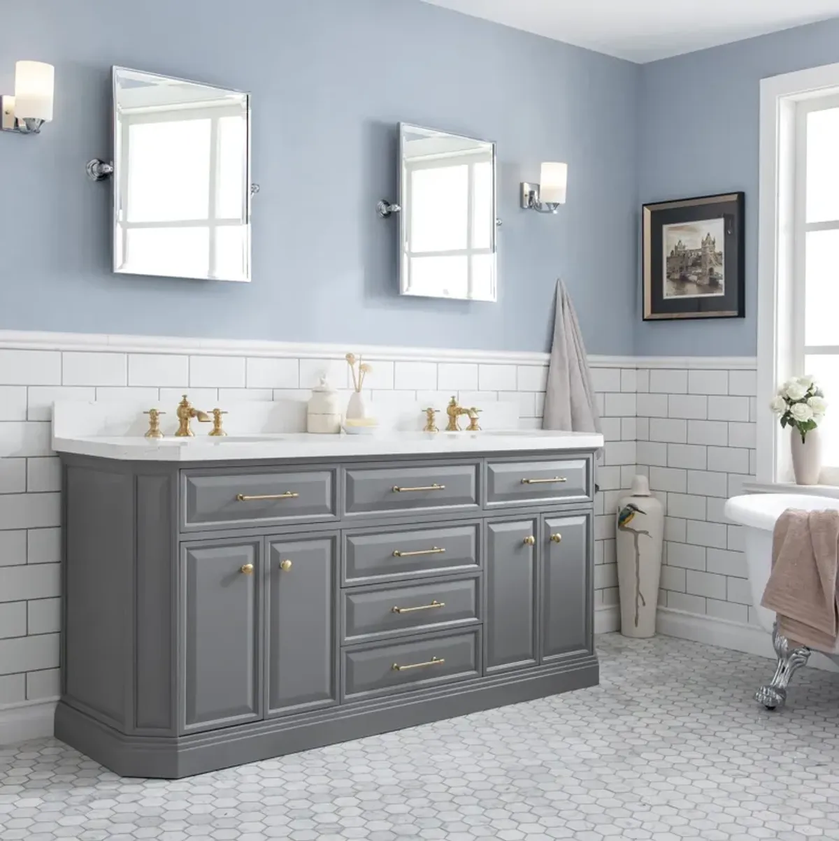 Palace 72 In. Double Sink Carrara Quartz Countertop Bath Vanity in Cashmere Grey with Satin Gold Hardware and Waterfall Faucets