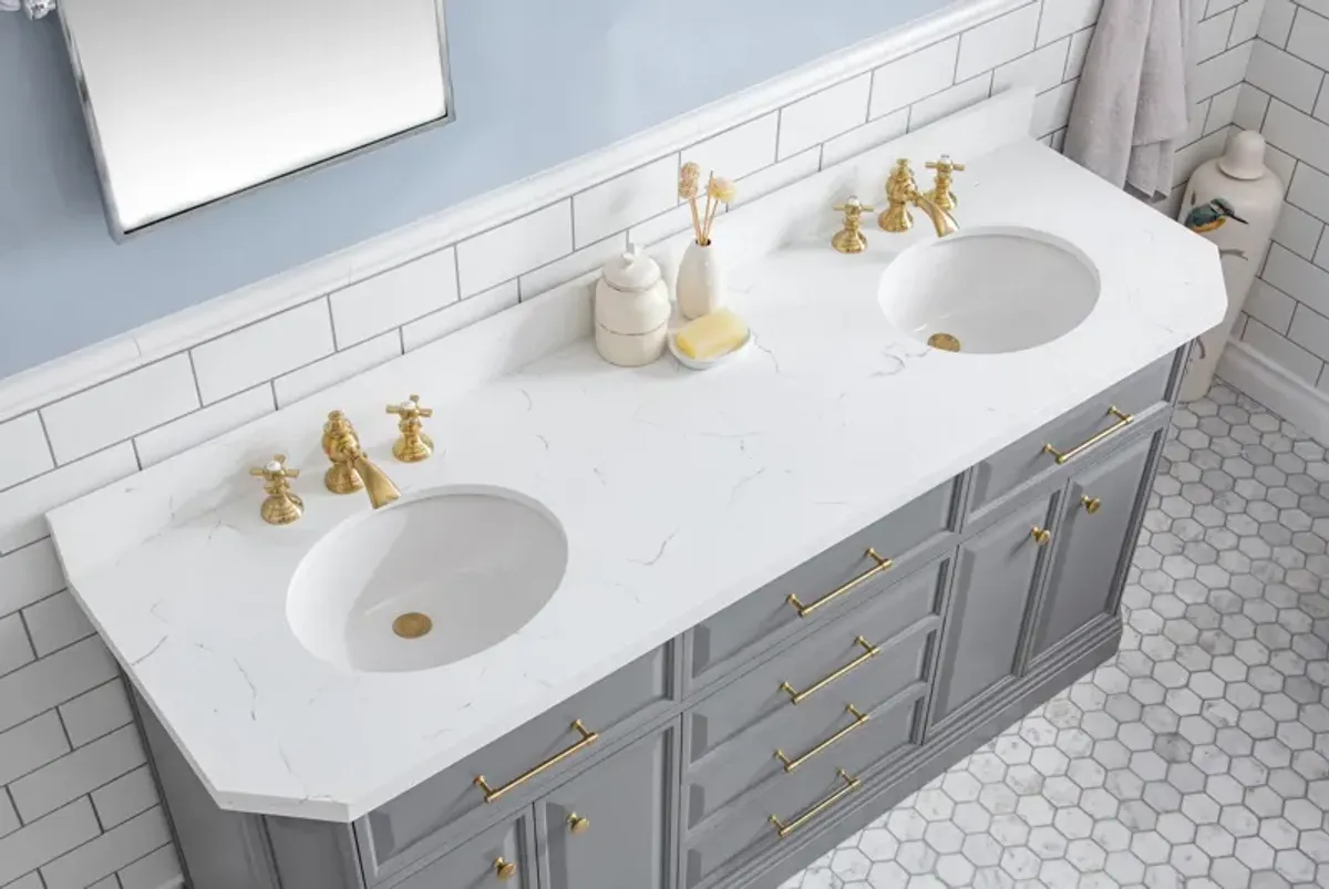 Palace 72 In. Double Sink Carrara Quartz Countertop Bath Vanity in Cashmere Grey with Satin Gold Hardware and Waterfall Faucets