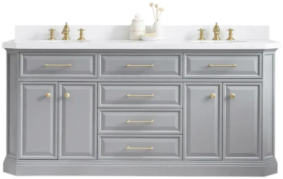 Palace 72 In. Double Sink Carrara Quartz Countertop Bath Vanity in Cashmere Grey with Satin Gold Hardware and Waterfall Faucets