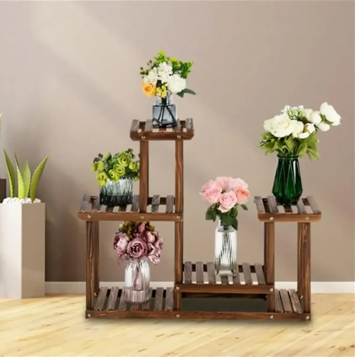 4-Story Carbonized Wood Plant Stand, 7-Tier Flower & Plant Display Shelf