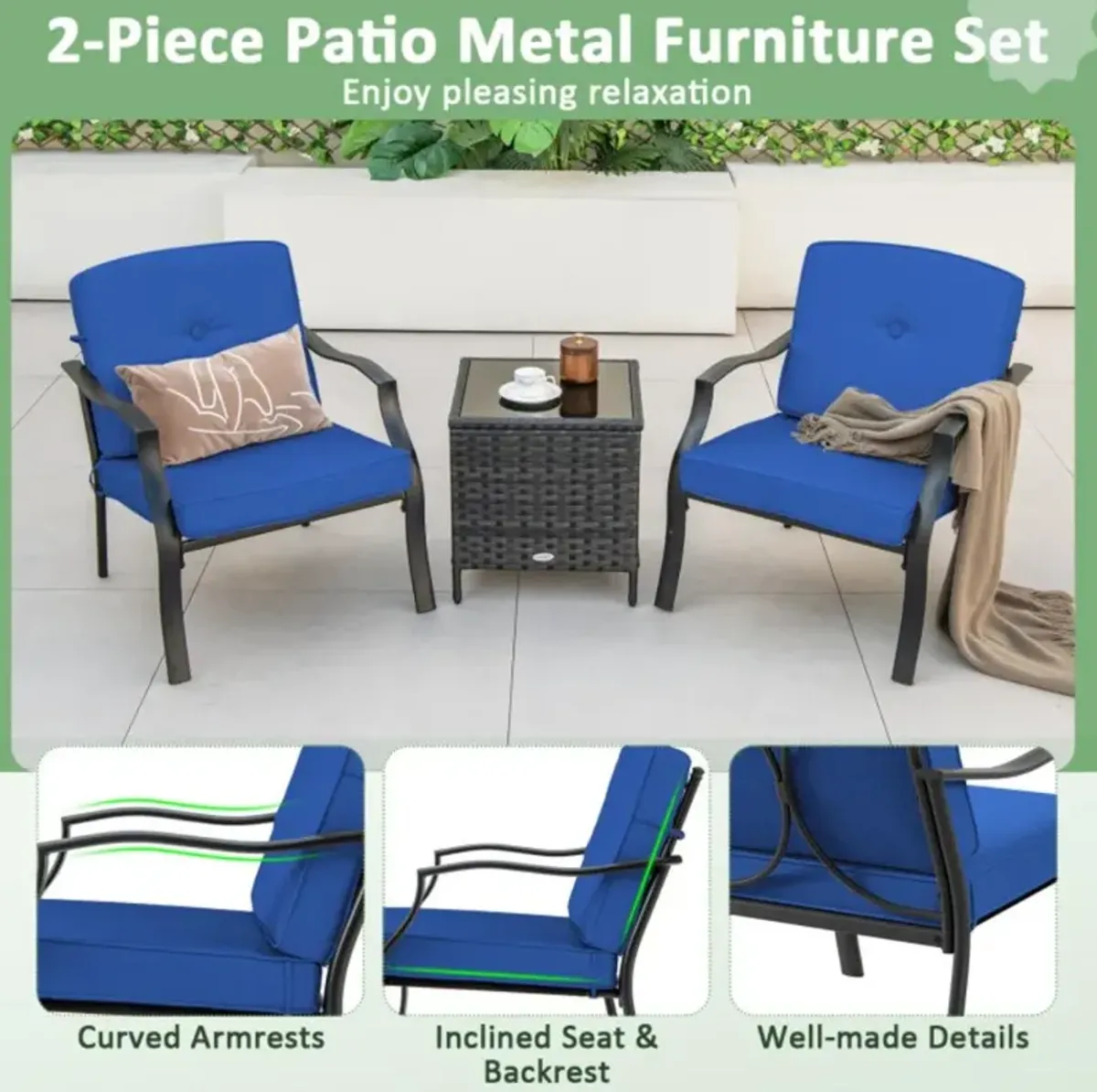 Hivvago 2 Pieces Patio Metal Chairs with Seat and Back Cushions for Yard