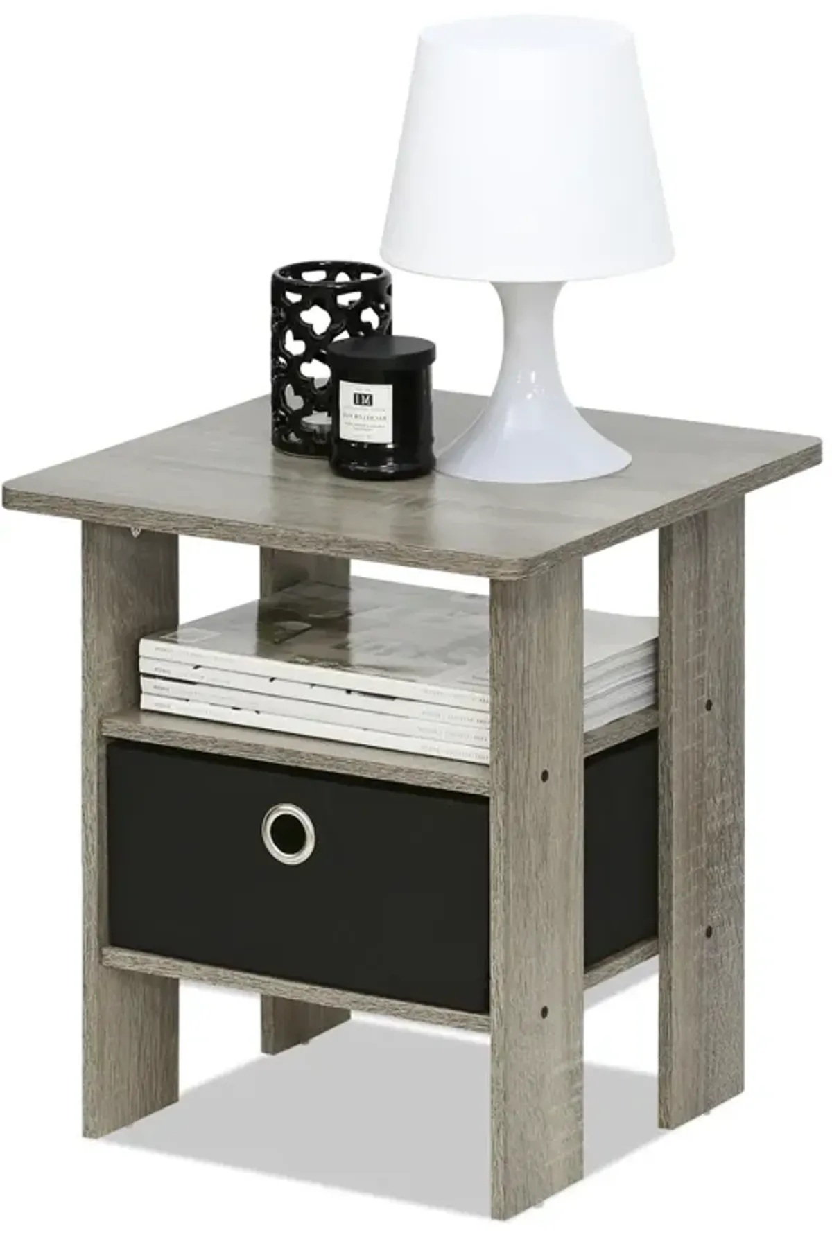 Furinno Andrey End Table / Side Table / Night Stand / Bedside Table with Bin Drawer, French Oak Grey/Black