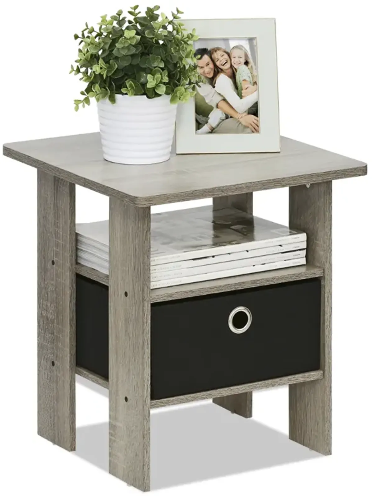 Furinno Andrey End Table / Side Table / Night Stand / Bedside Table with Bin Drawer, French Oak Grey/Black