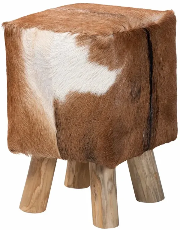 bali & pari Scotlyn Genuine Goat Leather Footstool with Teak Wood Legs - Rustic Boho Accent Seat with Natural Hide Upholstery, Handmade Decorative Footrest for Living Room or Bedroom