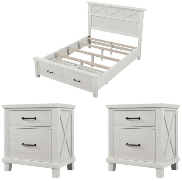 Rustic Farmhouse Style 3 Pieces Bedroom Sets Whitewash Queen Bed With 2 Drawers, And 2 Nightstands