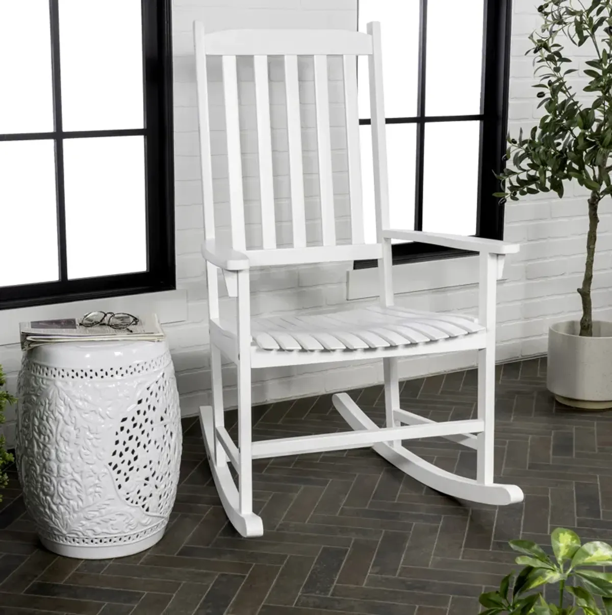 Seagrove Farmhouse Classic Slat-Back Acacia Wood Outdoor Rocking Chair