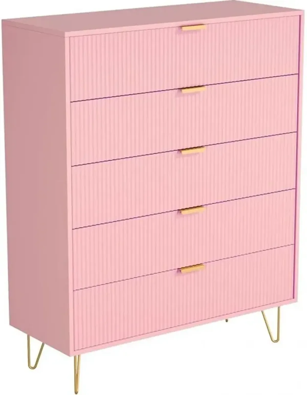 5-Drawer Chest in MDF Wood with Gold Metal Legs and Handles. (Pink)