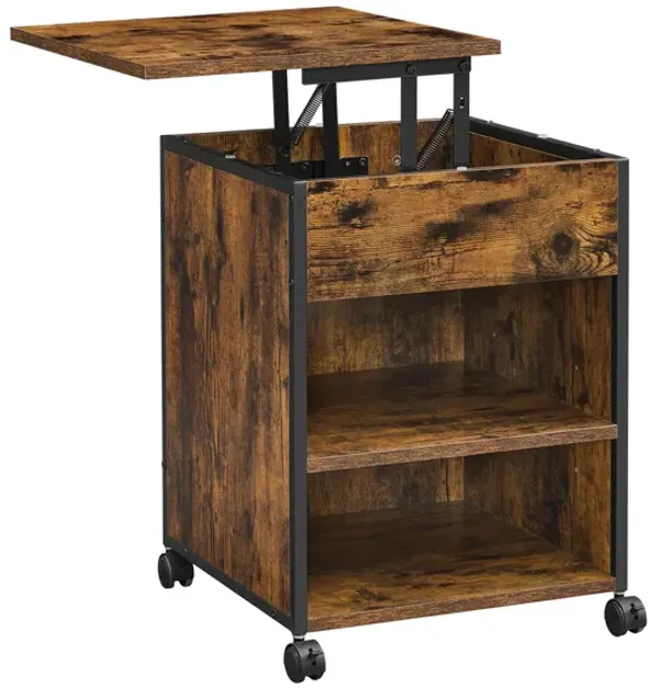 Hivvago Industrial Brown Nightstand on Wheels with Lifting Top