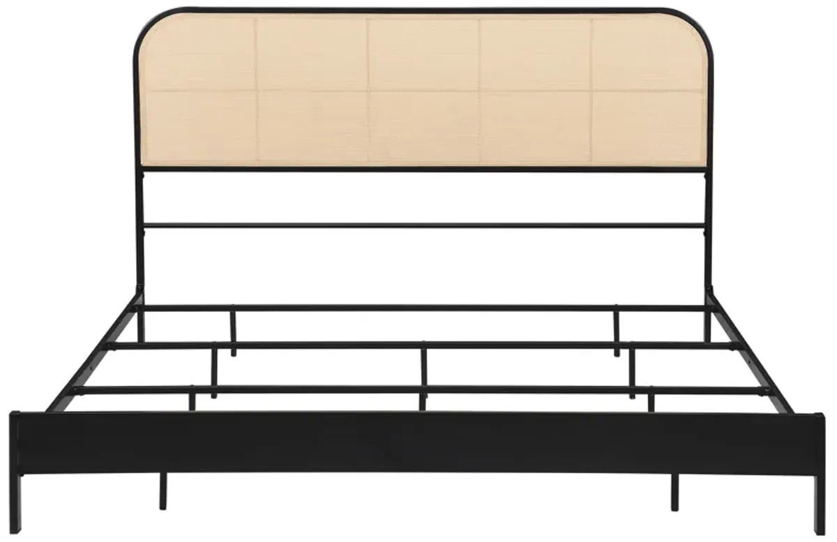 Ammy King Bed, Radio Weave Headboard, Brown Faux Rattan, Black Metal  - Benzara