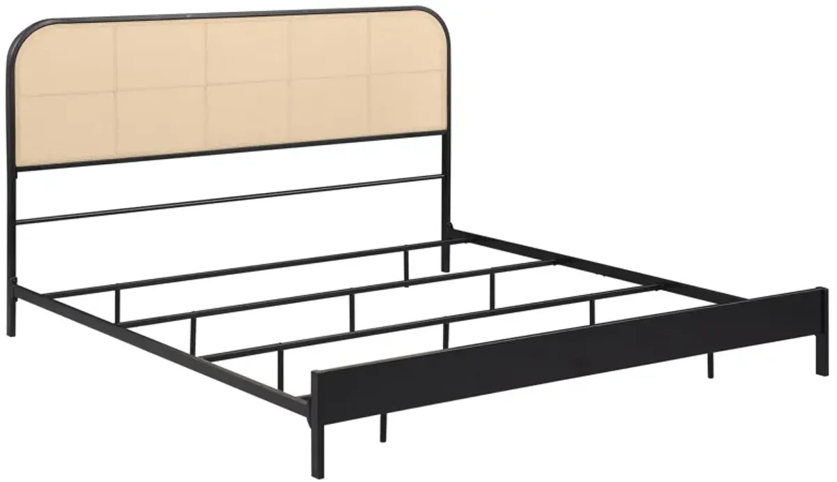 Ammy King Bed, Radio Weave Headboard, Brown Faux Rattan, Black Metal  - Benzara