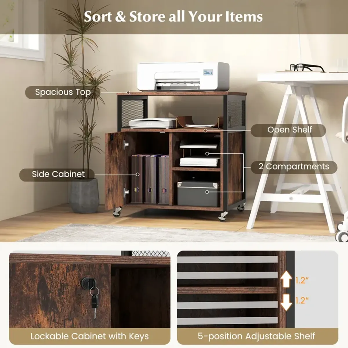 File Cabinet on Wheels with Charging Station and Cable Management Hole