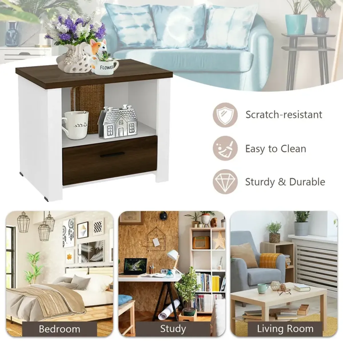 Accent Nightstand with Drawer and Open Shelf