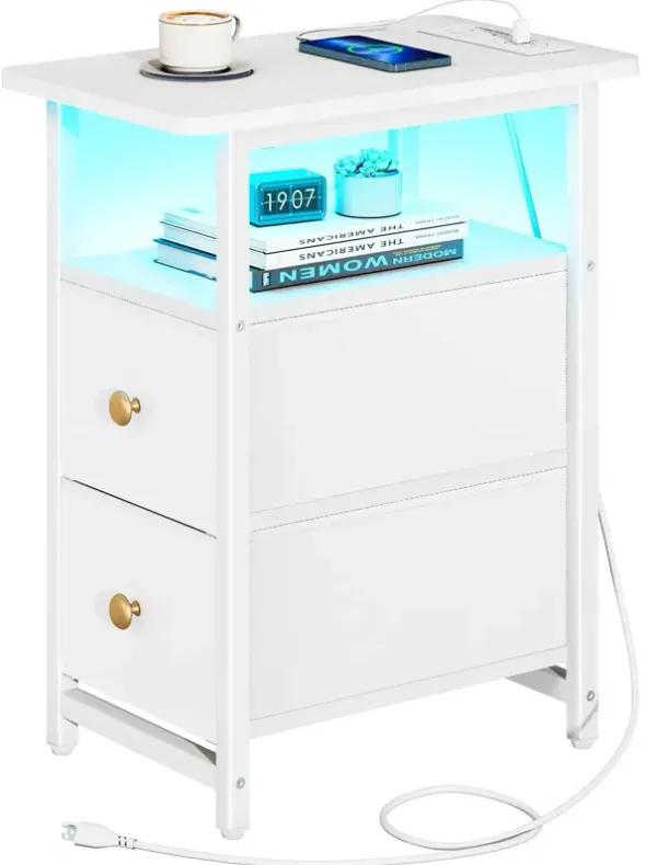 Yoobure End Table with Charging Station, Narrow Side Table LED Small Night Stand, Skinny Nightstand with Fabric Drawers, Bedside