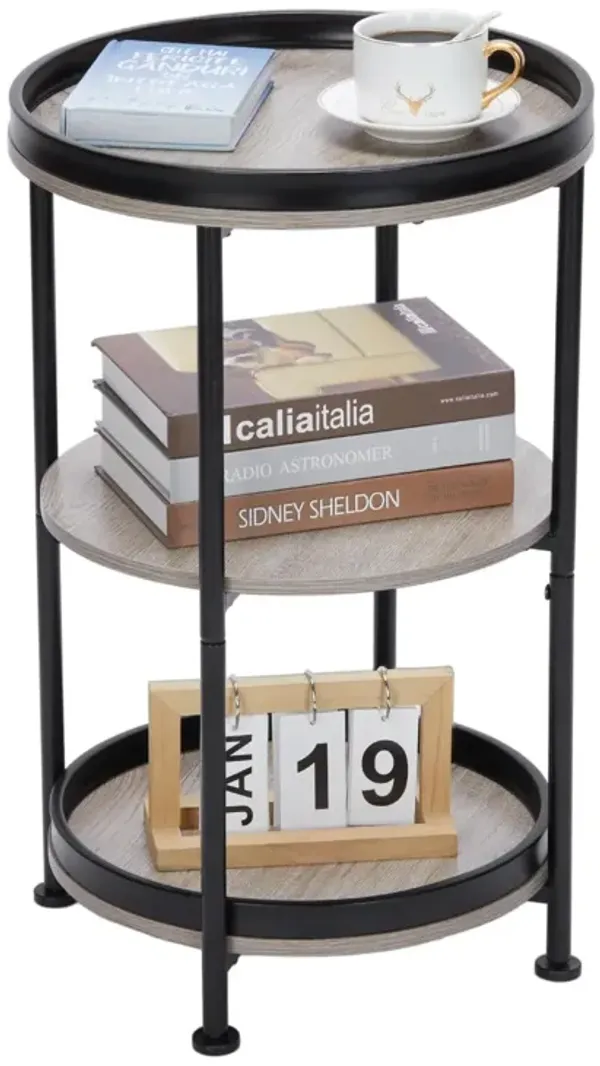Dulcii Side Table, Round End Table with 3 Storage Shelves for Living Room, Bedroom, Nightstand with Steel Frame for Small Spaces