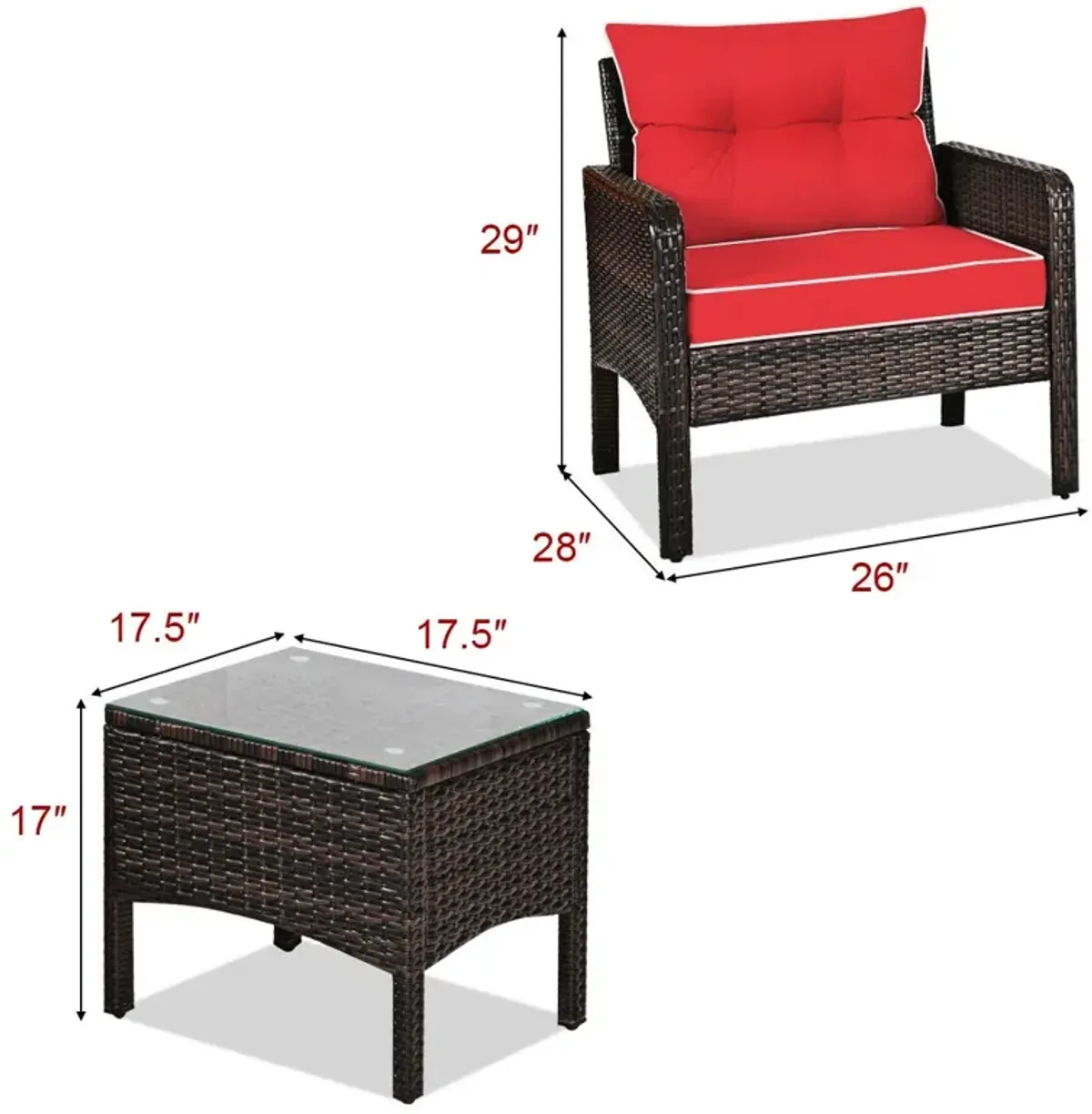 3 Pieces Outdoor Patio Rattan Conversation Set with Seat Cushions