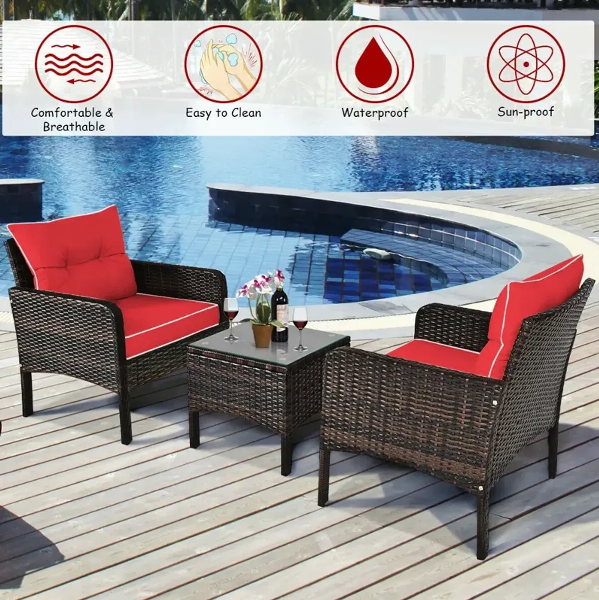 3 Pieces Outdoor Patio Rattan Conversation Set with Seat Cushions