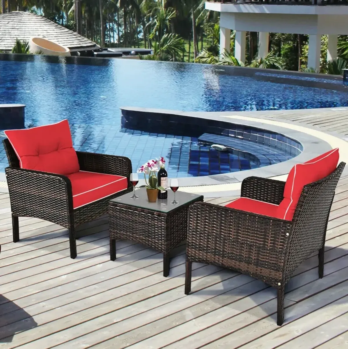 3 Pieces Outdoor Patio Rattan Conversation Set with Seat Cushions