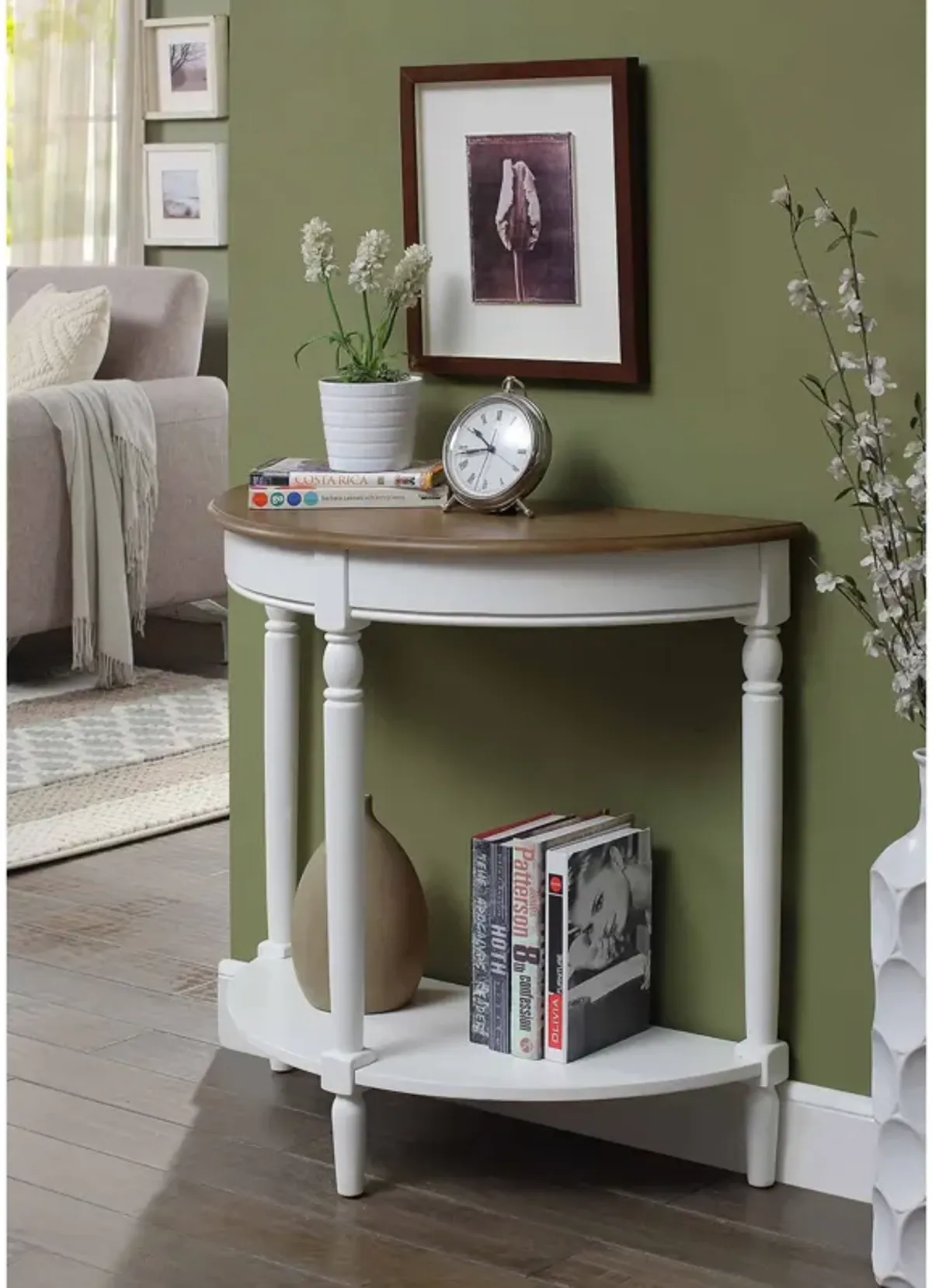 Convenience Concepts French Country Half-Round Entryway Table with Shelf, Driftwood/White