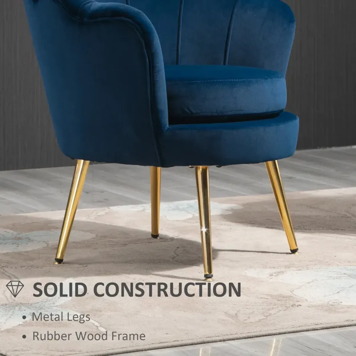 HOMCOM Elegant Velvet Fabric Accent Chair/Leisure Club Chair with Gold Metal Legs for Living Room, Blue